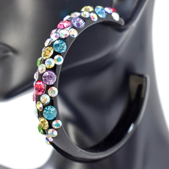 2.5" Light Multicolor Rhinestone Hoop Earrings - Picture 6 of 7
